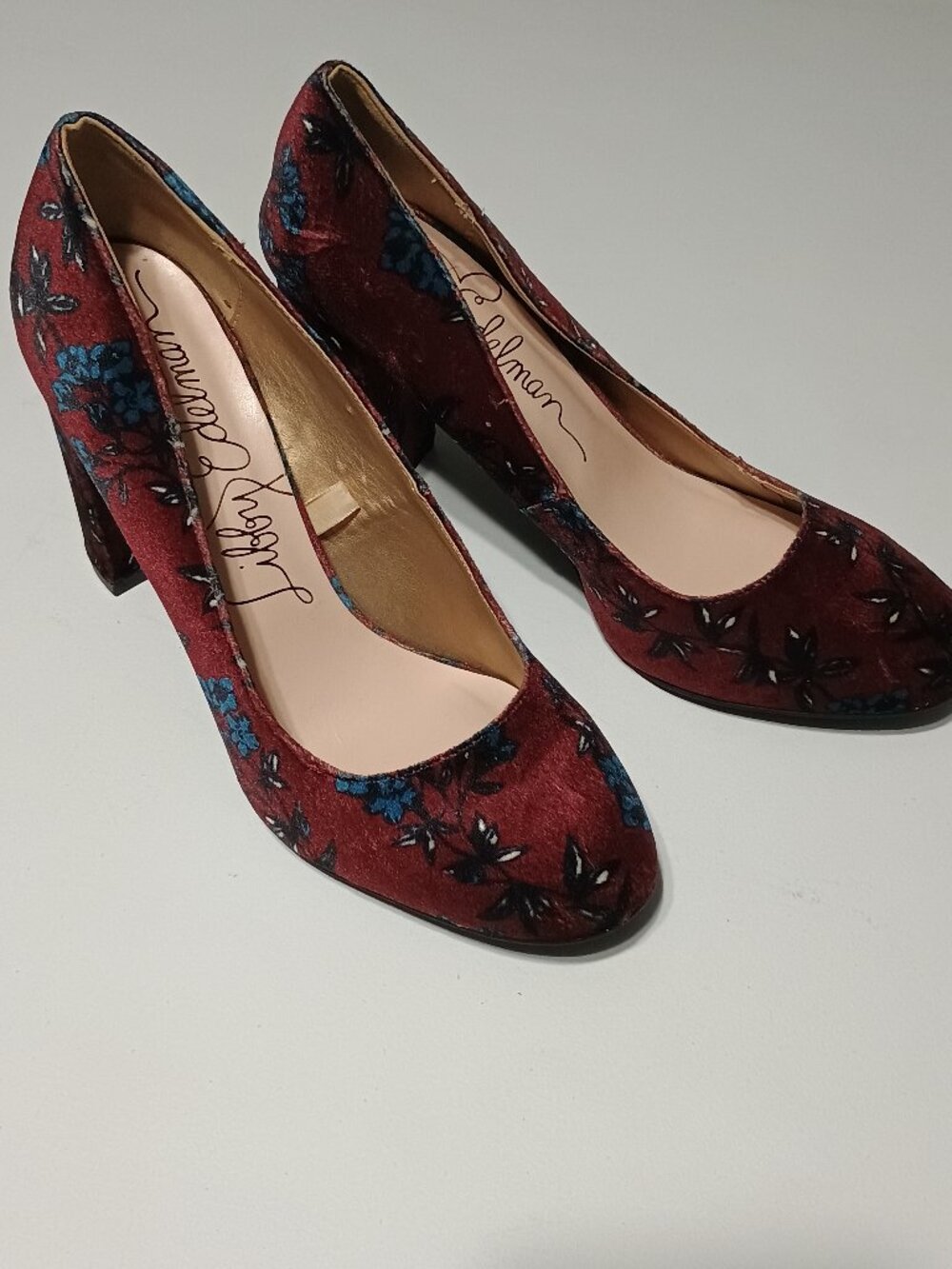 Libby Edelman Burgundy Floral Velvet Block Heel Pumps Women’s Size 8.5M